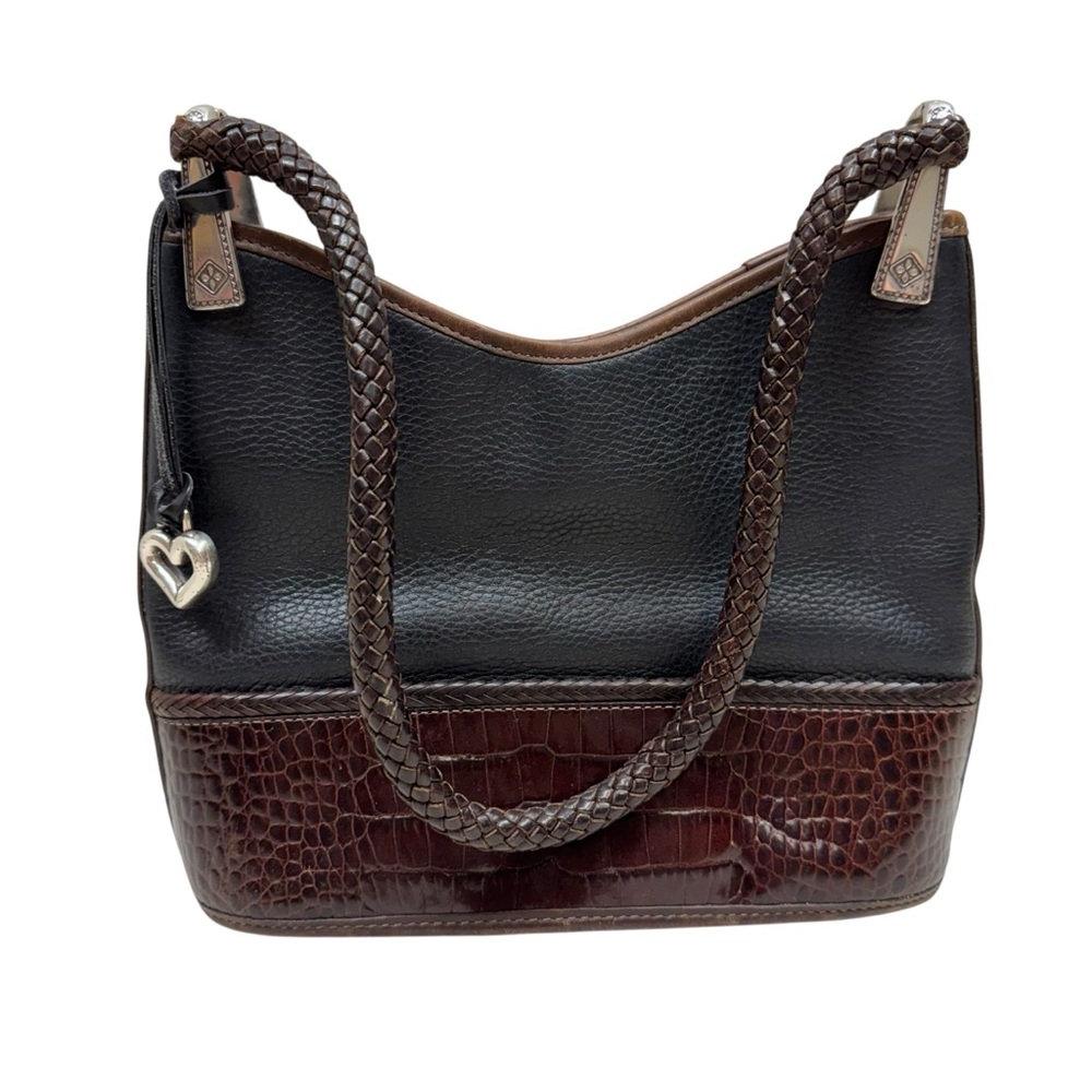 BRIGHTON Bucket Bag Pebbled Leather Black Brown Shoulder Tote Vtg Braided Strap